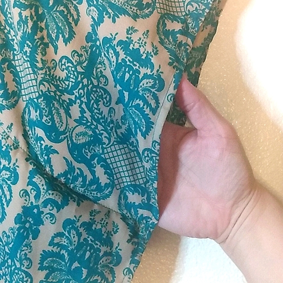 Emma's Closet Shawl Kimono Wrap teal tan print intricate chandelier fringe - Picture 7 of 13